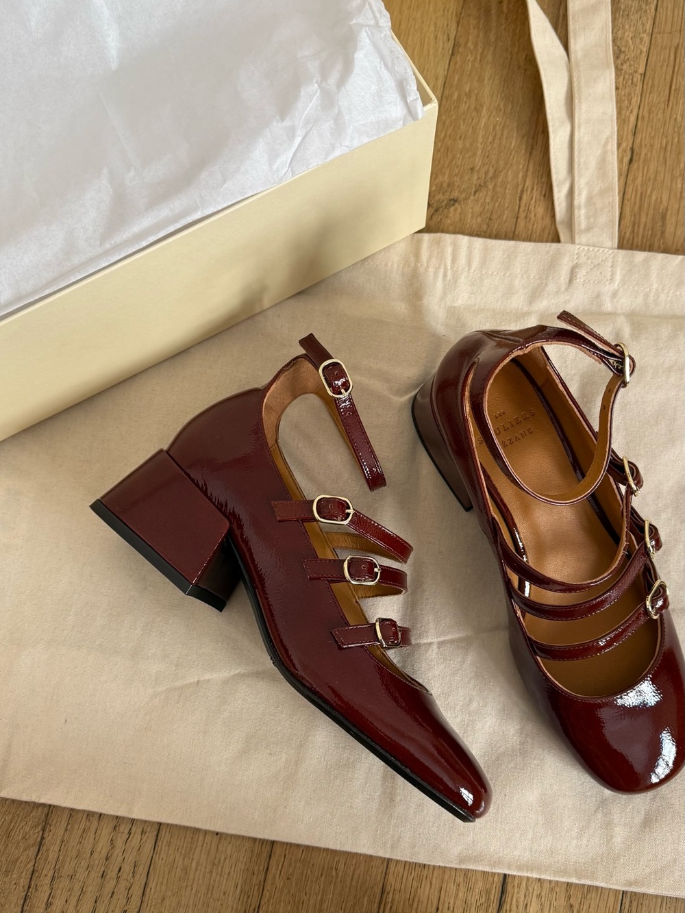 Sezane Elodie Triple-Strap Mary Jane Heels in Burgundy size 5